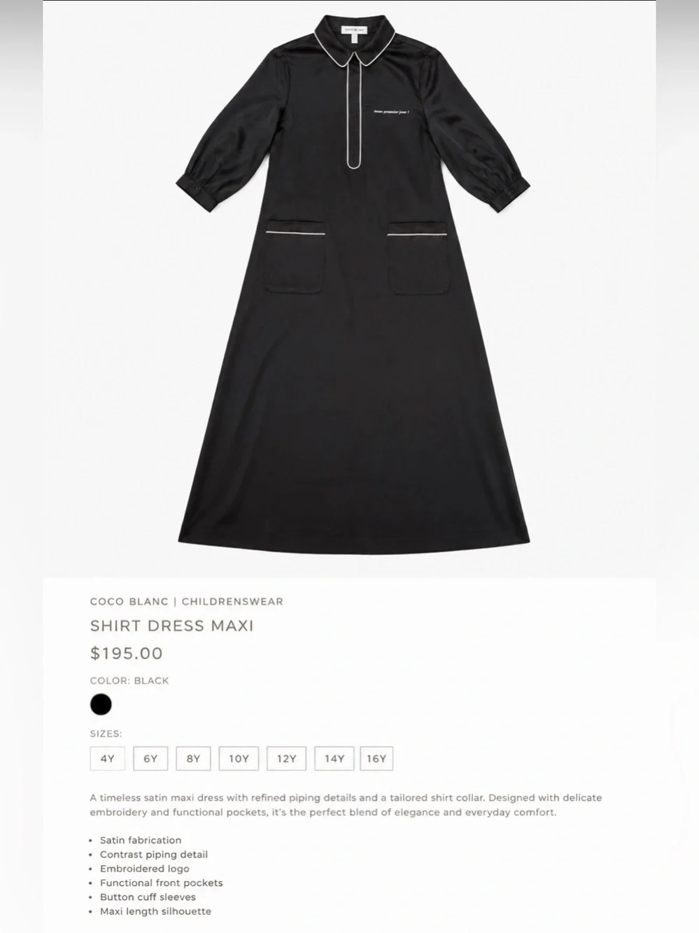 Coco Blanc Black Satin Maxi Shirt Dress Size 16 NWT